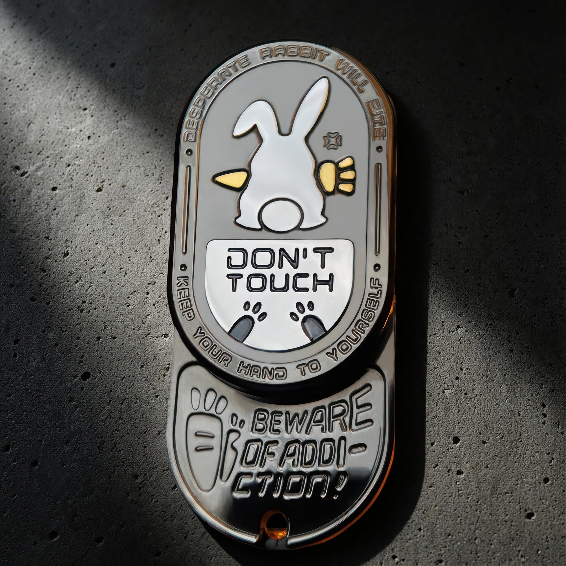 The Curious Mind Don't Touch Rabbit Slider fidget toy with a white rabbit graphic and warning text. Metal construction.