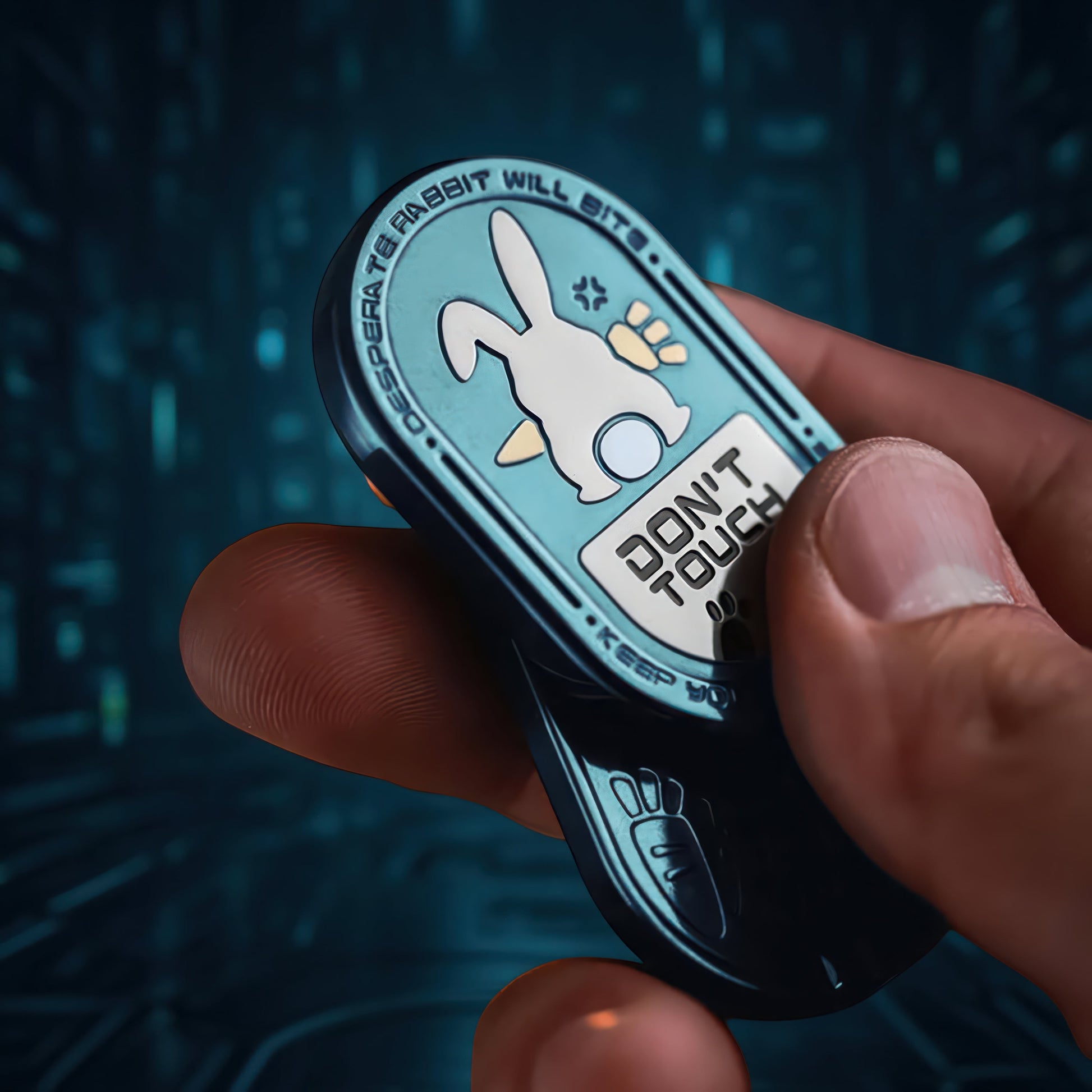 The Curious Mind Don't Touch Rabbit Slider fidget toy with a blue-green metal body and a cartoon rabbit graphic. Text reads 'Desperate Rabbit Will Bite' and 'Don't Touch'.