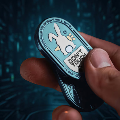 The Curious Mind Don't Touch Rabbit Slider fidget toy with a blue-green metal body and a cartoon rabbit graphic. Text reads 'Desperate Rabbit Will Bite' and 'Don't Touch'.