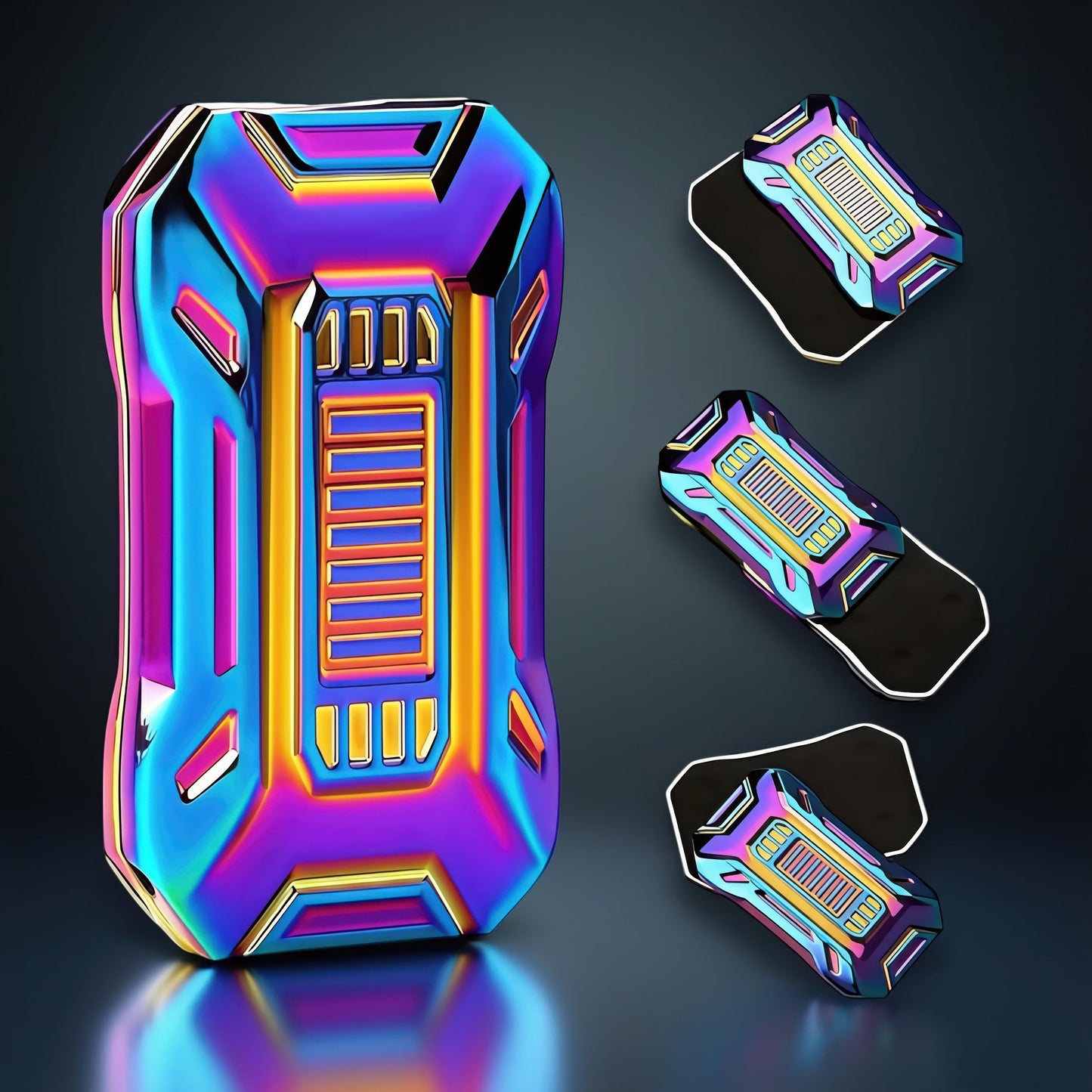 The Curious Mind Mini Sportscar Slider Fidget toy with a rainbow metallic finish and tactile push movement.