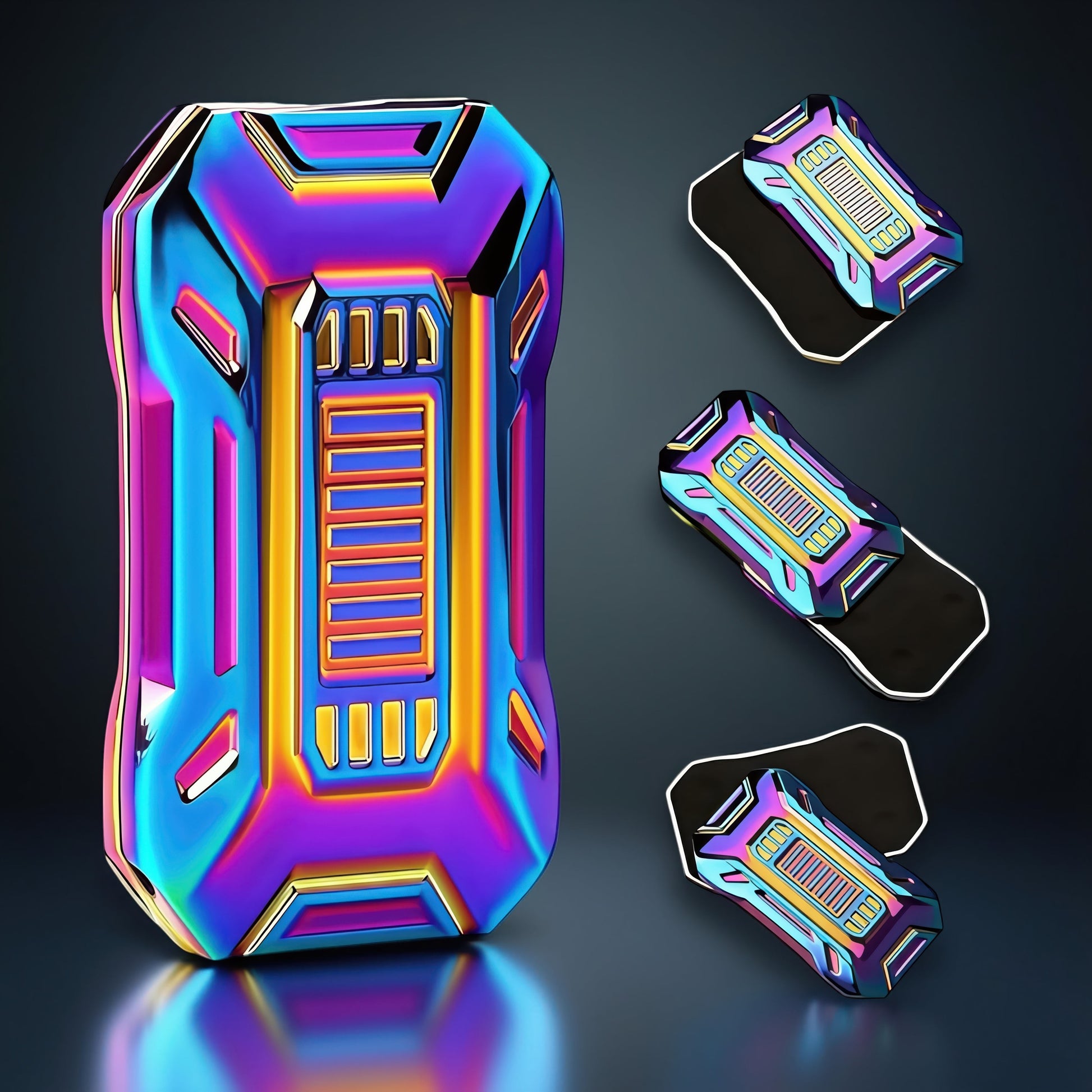 The Curious Mind Mini Sportscar Slider Fidget toy with a rainbow metallic finish and tactile push movement.