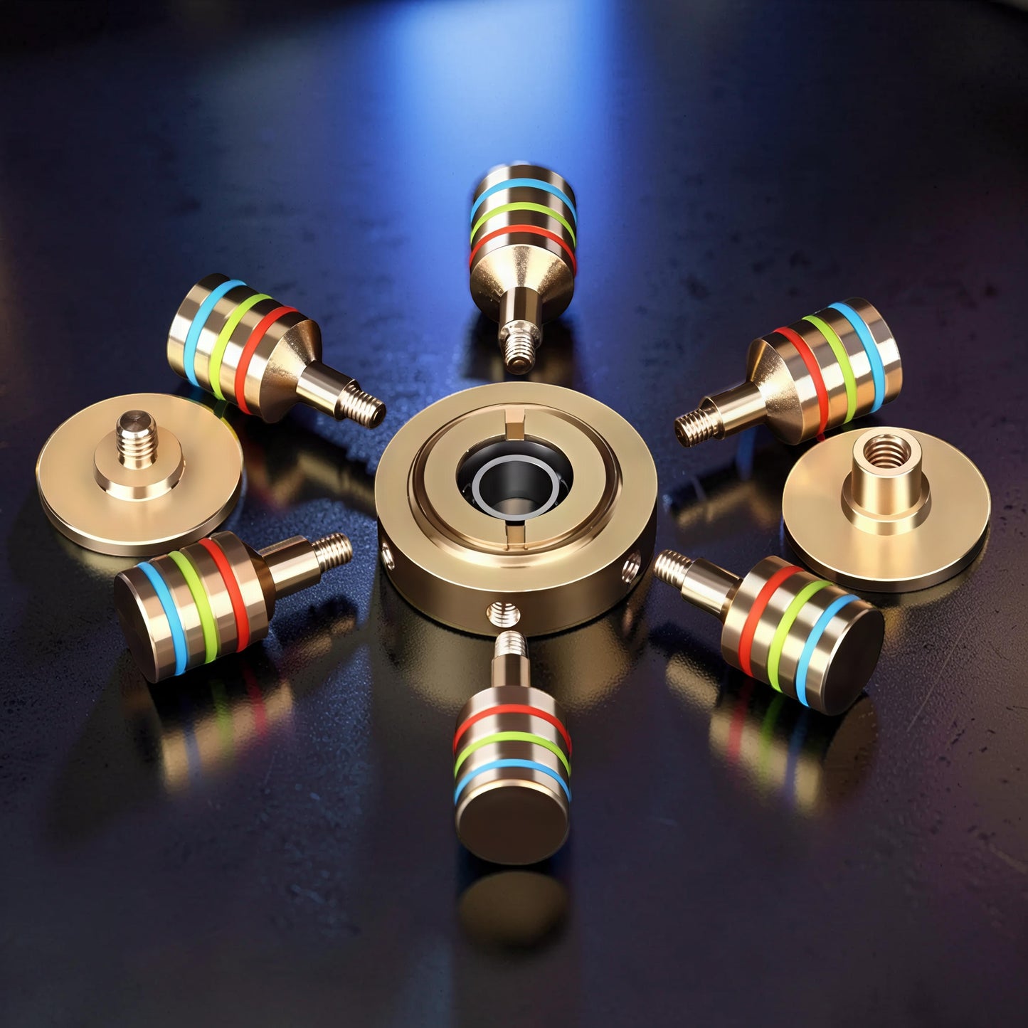 The Curious Mind Rainbow Metal Hand Spinner with red, green, and blue bands. Premium EDC fidget toy.