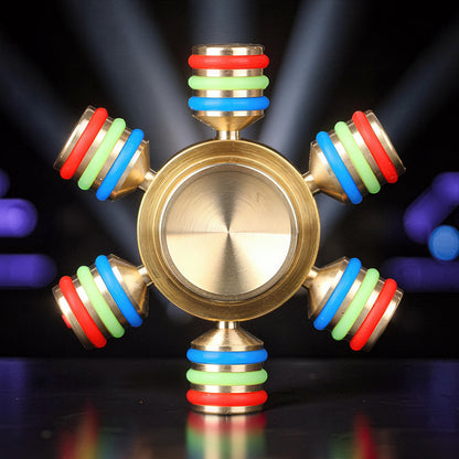 The Curious Mind Rainbow Metal Hand Spinner with red, green, and blue rings on each arm. Premium EDC fidget toy.
