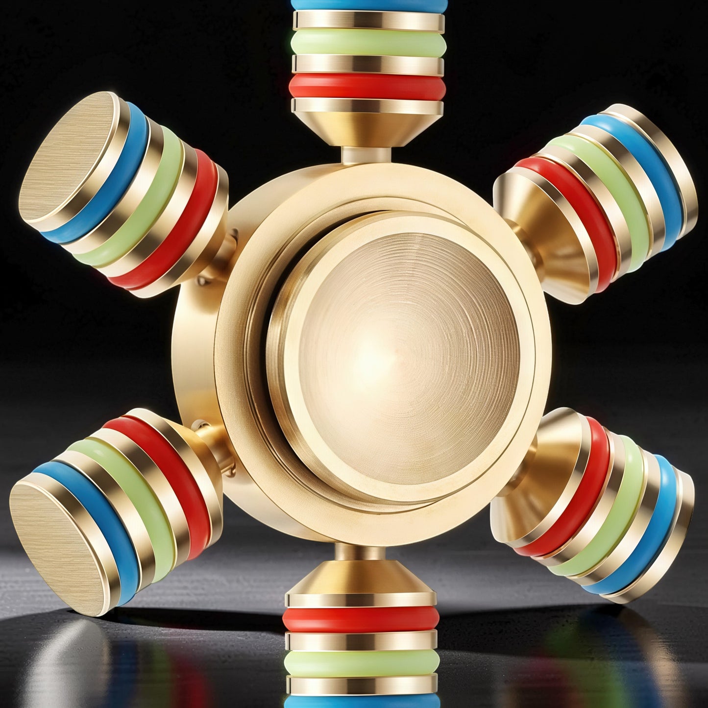 The Curious Mind premium metal hand spinner with rainbow coloured bands and gold finish. A satisfying EDC fidget toy.