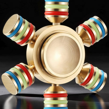 The Curious Mind premium metal hand spinner with rainbow coloured bands and gold finish. A satisfying EDC fidget toy.