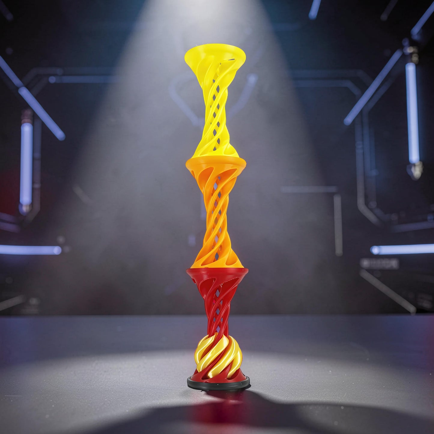 The Curious Mind Rainbow Spiral Ejection Ball fidget toy, made of PLA, features stacked twisted sections in yellow, orange, and red, with a spiral base.
