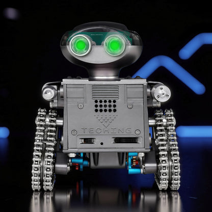 The Curious Mind RC Tank Robot DIY Kit with glowing green eyes and metal treads.