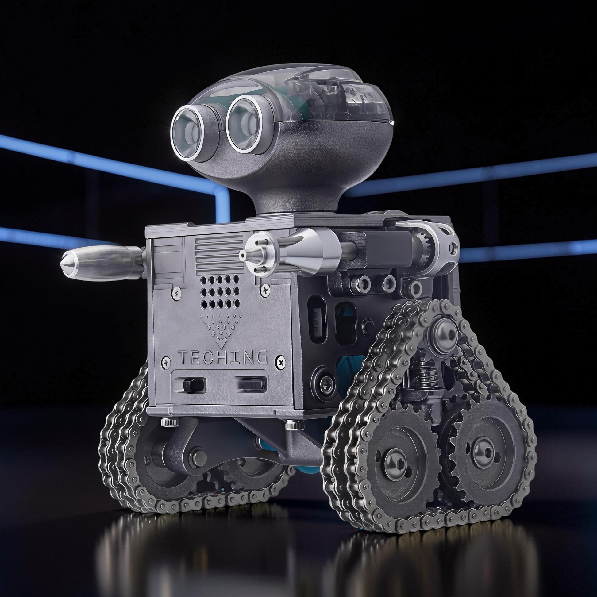 The Curious Mind RC Tank Robot DIY Kit, a metal mecha build with dual tracks, articulated arms, and a clear-domed head with dual lenses.
