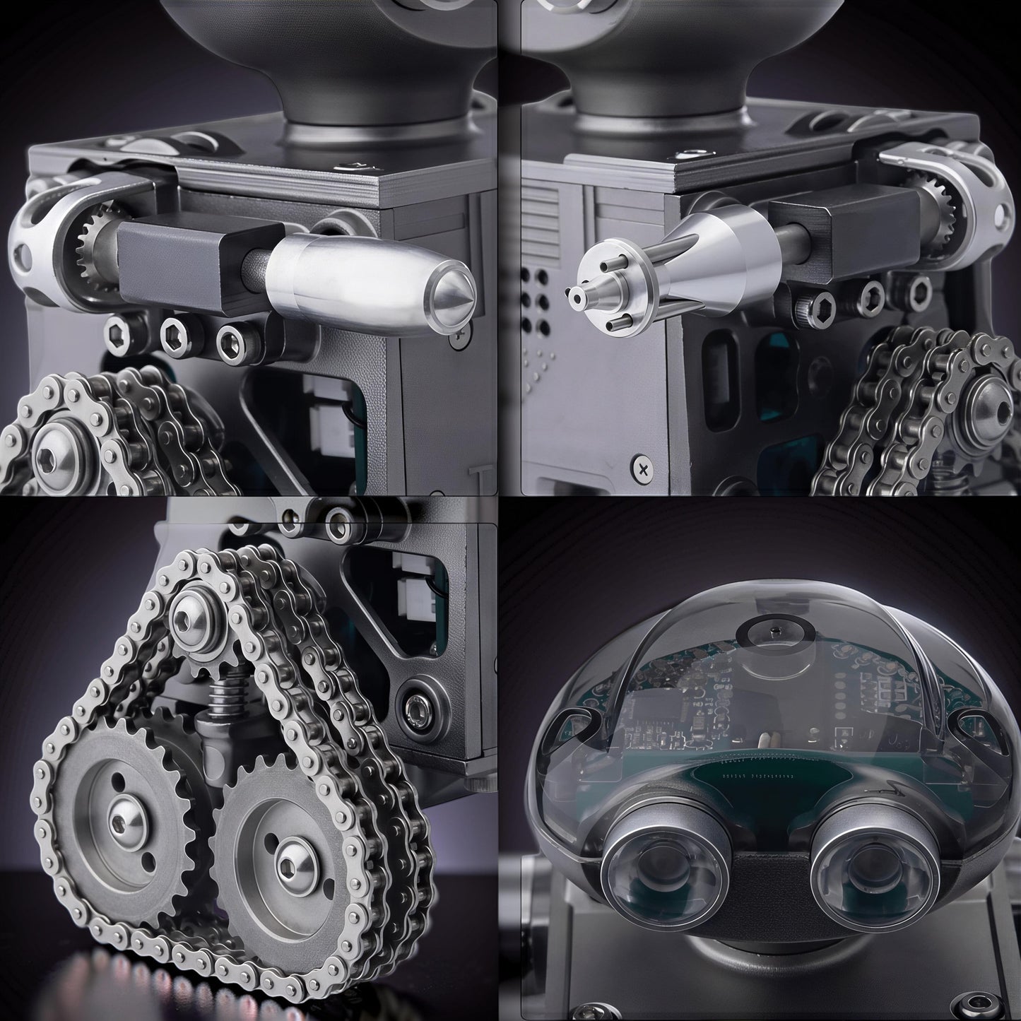 The Curious Mind RC Tank Robot DIY Kit features a metal construction with visible gears, tracks, and a transparent dome revealing internal circuitry and sensors.