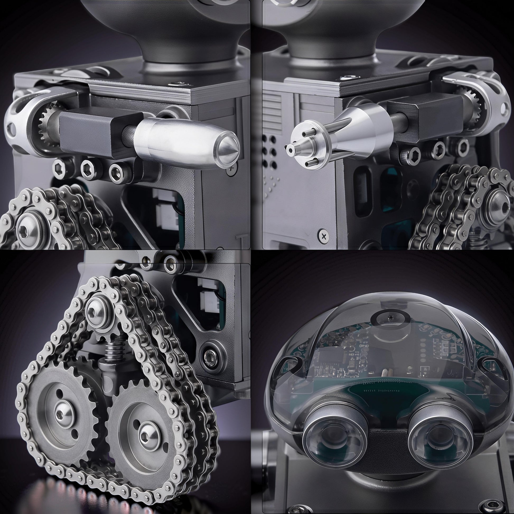 The Curious Mind RC Tank Robot DIY Kit features a metal construction with visible gears, tracks, and a transparent dome revealing internal circuitry and sensors.