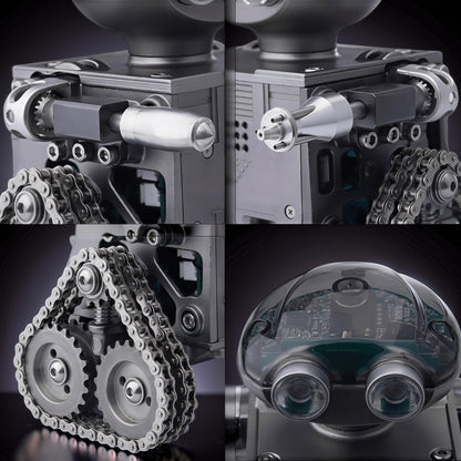 The Curious Mind RC Tank Robot DIY Kit features a metal construction with visible gears, tracks, and a transparent dome revealing internal circuitry and sensors.