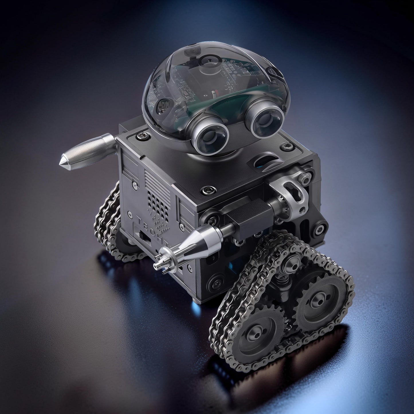 The Curious Mind RC Tank Robot DIY Kit, a metal mecha build kit with Bluetooth, featuring dual tracks, a clear dome head with sensors, and intricate mechanical details.