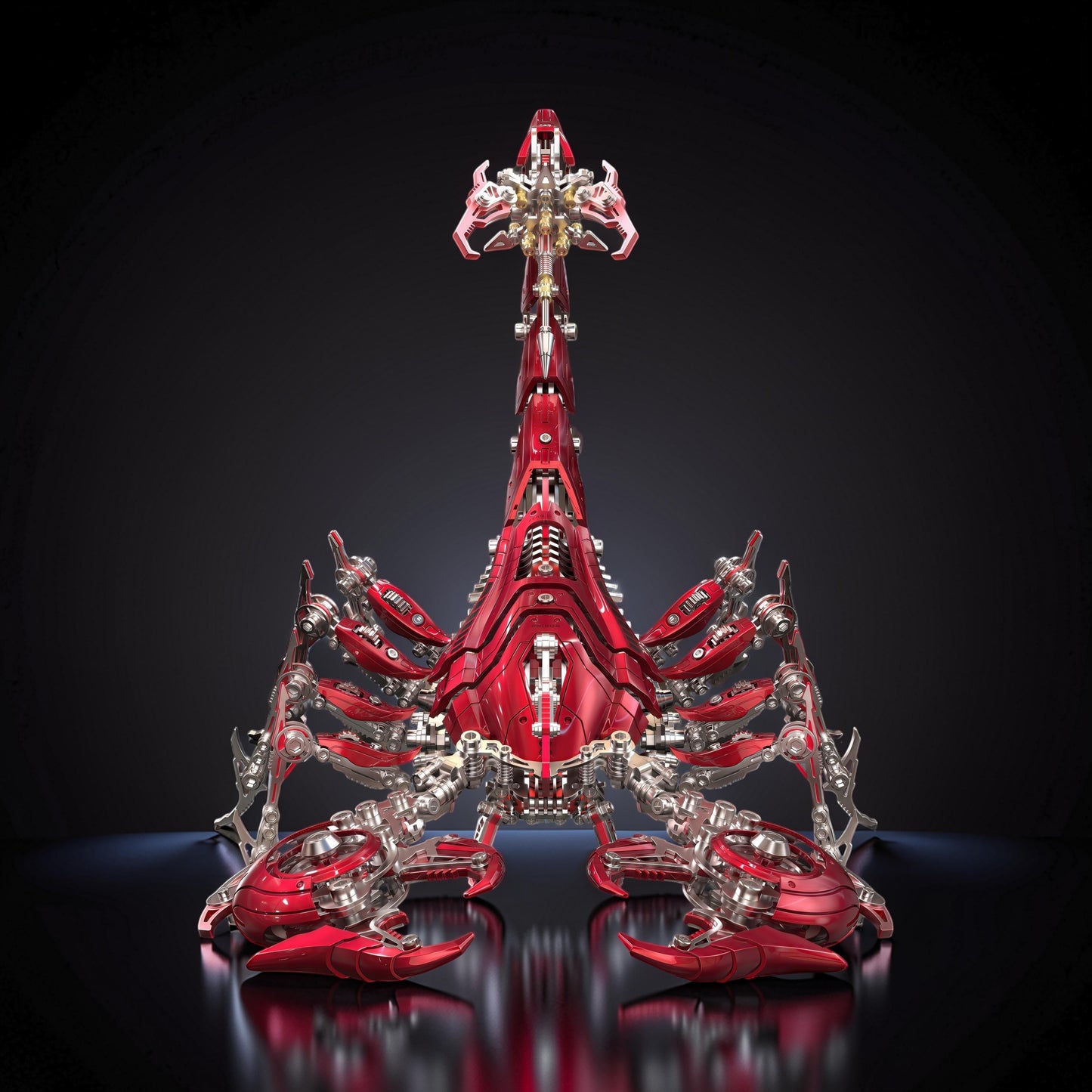 The Curious Mind Large Mechanical War Scorpion King 3D metal model kit in metallic red and silver with intricate mechanical details.