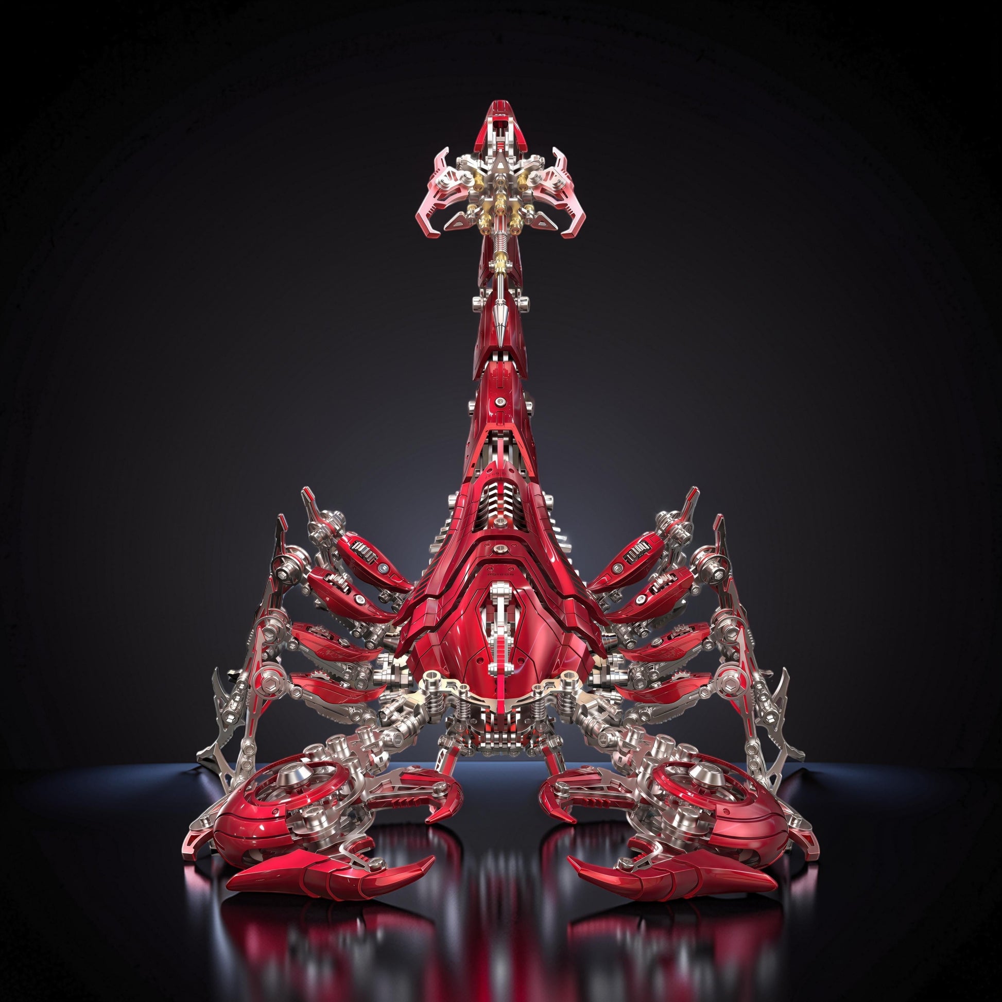 The Curious Mind Large Mechanical War Scorpion King 3D metal model kit in metallic red and silver with intricate mechanical details.