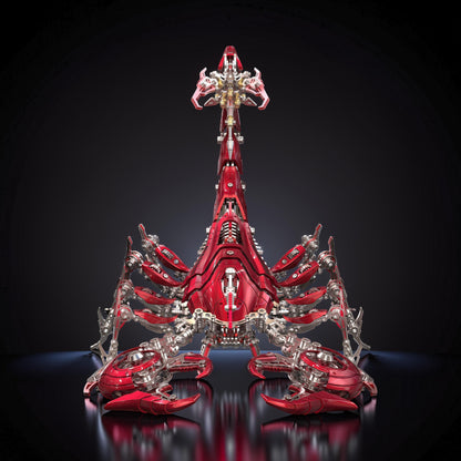 The Curious Mind Large Mechanical War Scorpion King 3D metal model kit in metallic red and silver with intricate mechanical details.