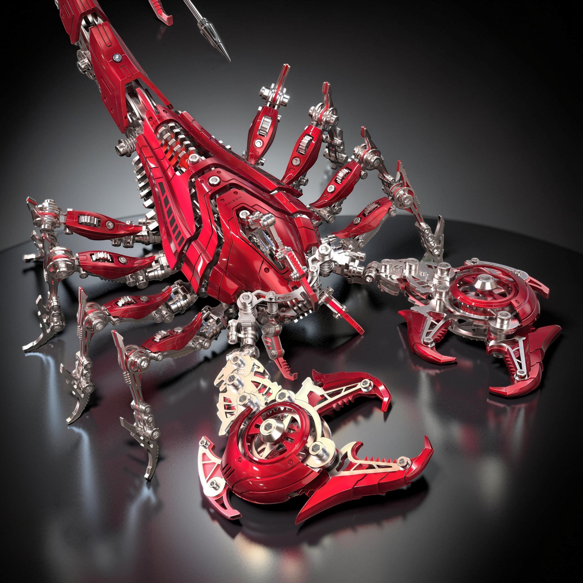 The Curious Mind's red and silver mechanical scorpion king model kit, featuring intricate metal parts and a detailed, articulated design.
