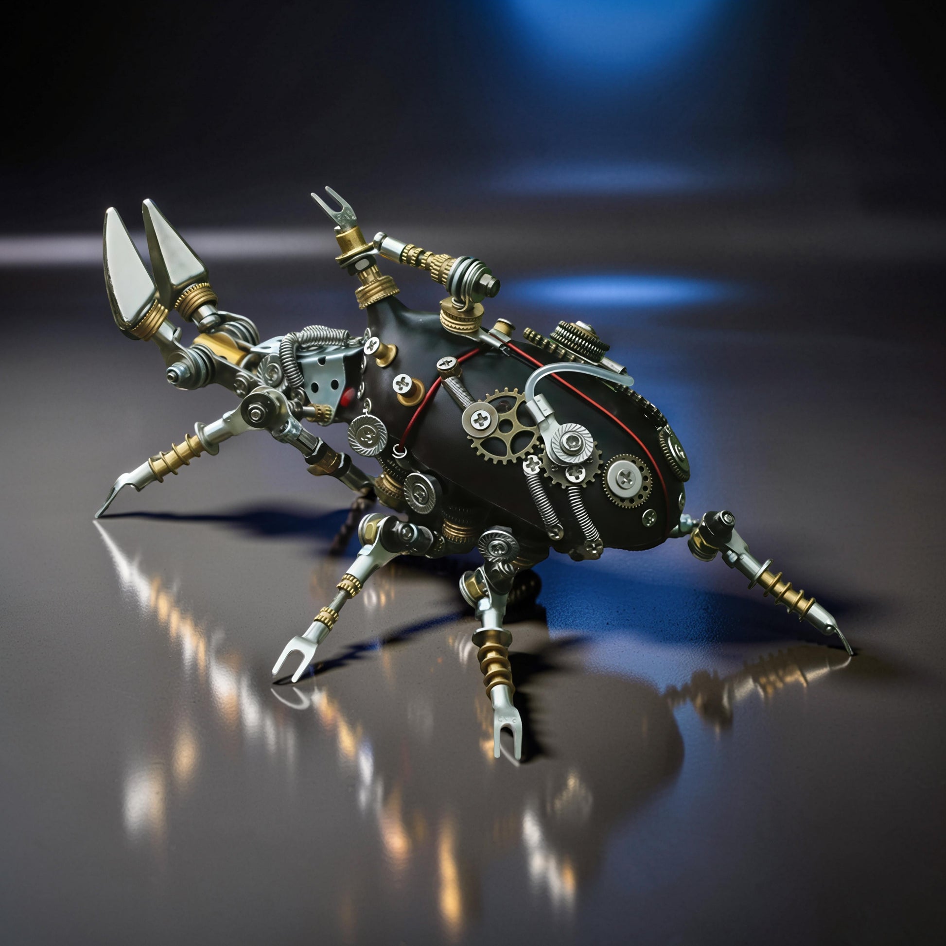 The Curious Mind Rhino Beetle light-up 3D metal model kit, featuring intricate gears, springs, and a steampunk aesthetic.