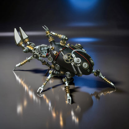 The Curious Mind Rhino Beetle light-up 3D metal model kit, featuring intricate gears, springs, and a steampunk aesthetic.