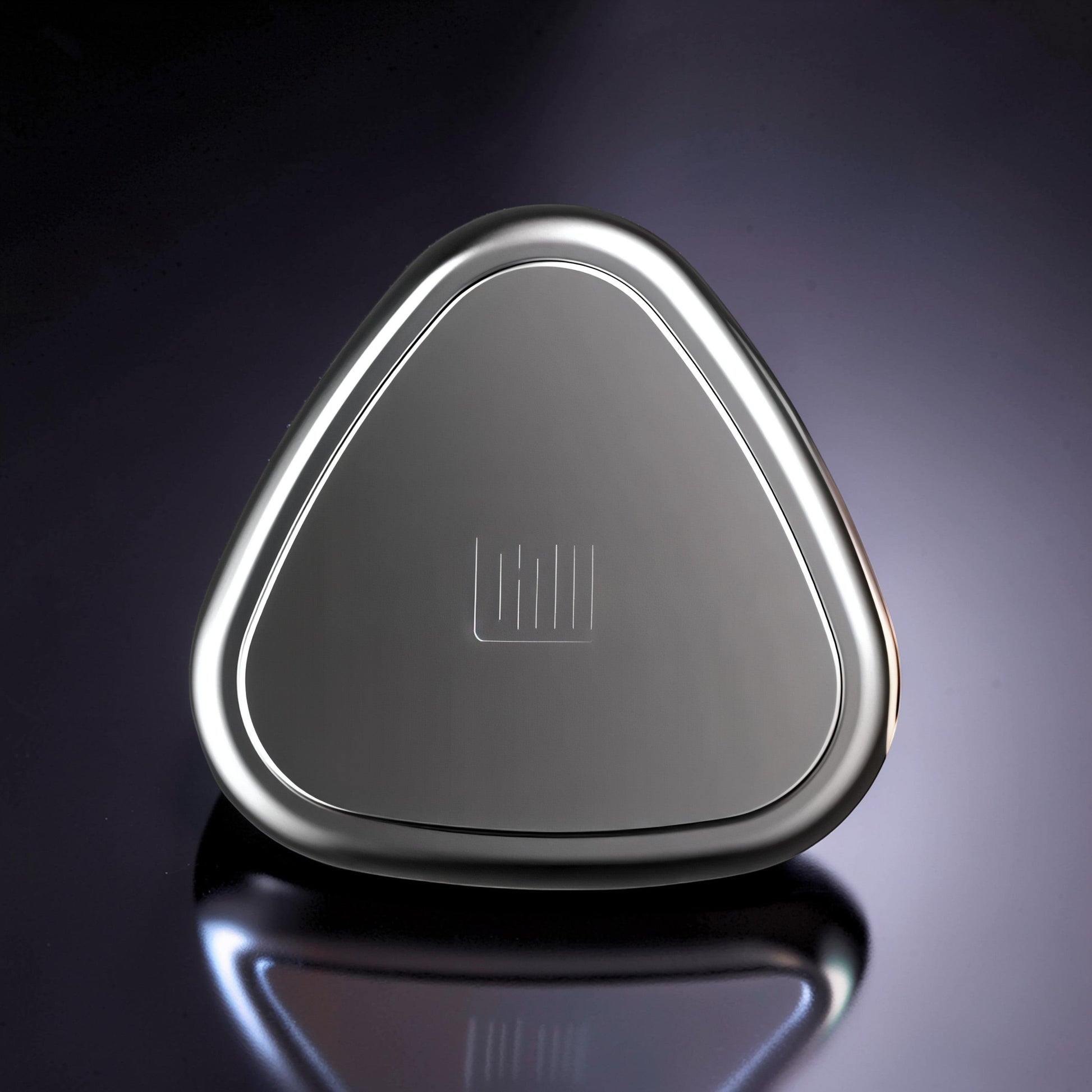 The Curious Mind Rice Ball Push Card Fidget is a compact, triangular metal slider with a sleek, polished finish and embossed logo. Perfect for stress relief.