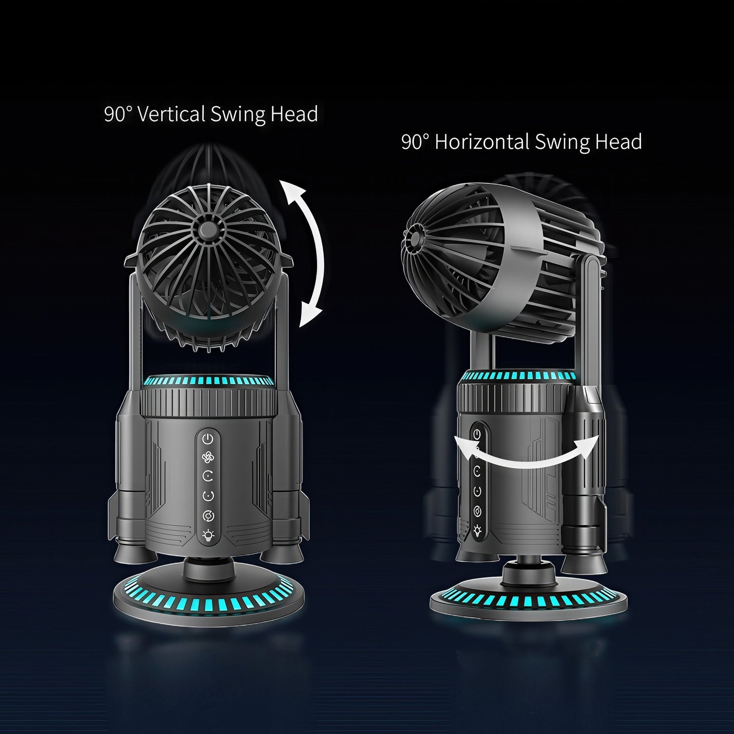 The Curious Mind Rocket Desktop Cooling Fan with 90° vertical and horizontal swing head, black ABS and metal construction with blue LED accents.