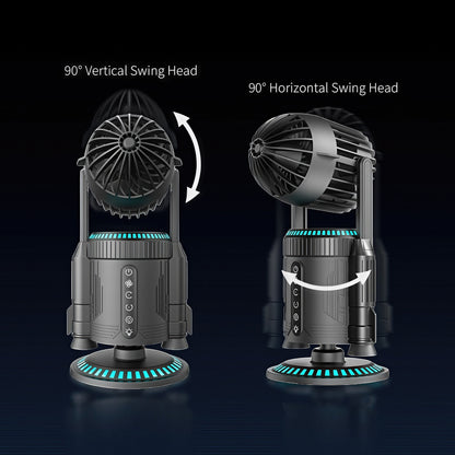 The Curious Mind Rocket Desktop Cooling Fan with 90° vertical and horizontal swing head, black ABS and metal construction with blue LED accents.