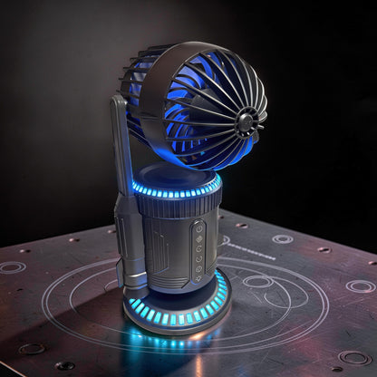 The Curious Mind Rocket Desktop Cooling Fan with blue LED lights, ABS and metal construction.