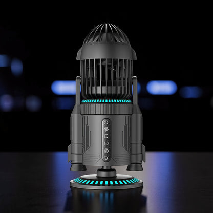 The Curious Mind Rocket Desktop Cooling Fan, a black metal and ABS fan with blue LED accents, featuring rocket boosters and control buttons.