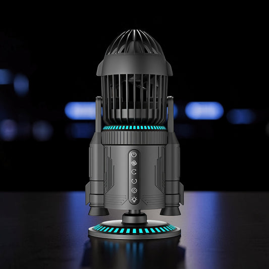 The Curious Mind Rocket Desktop Cooling Fan, a black metal and ABS fan with blue LED accents, featuring rocket boosters and control buttons.
