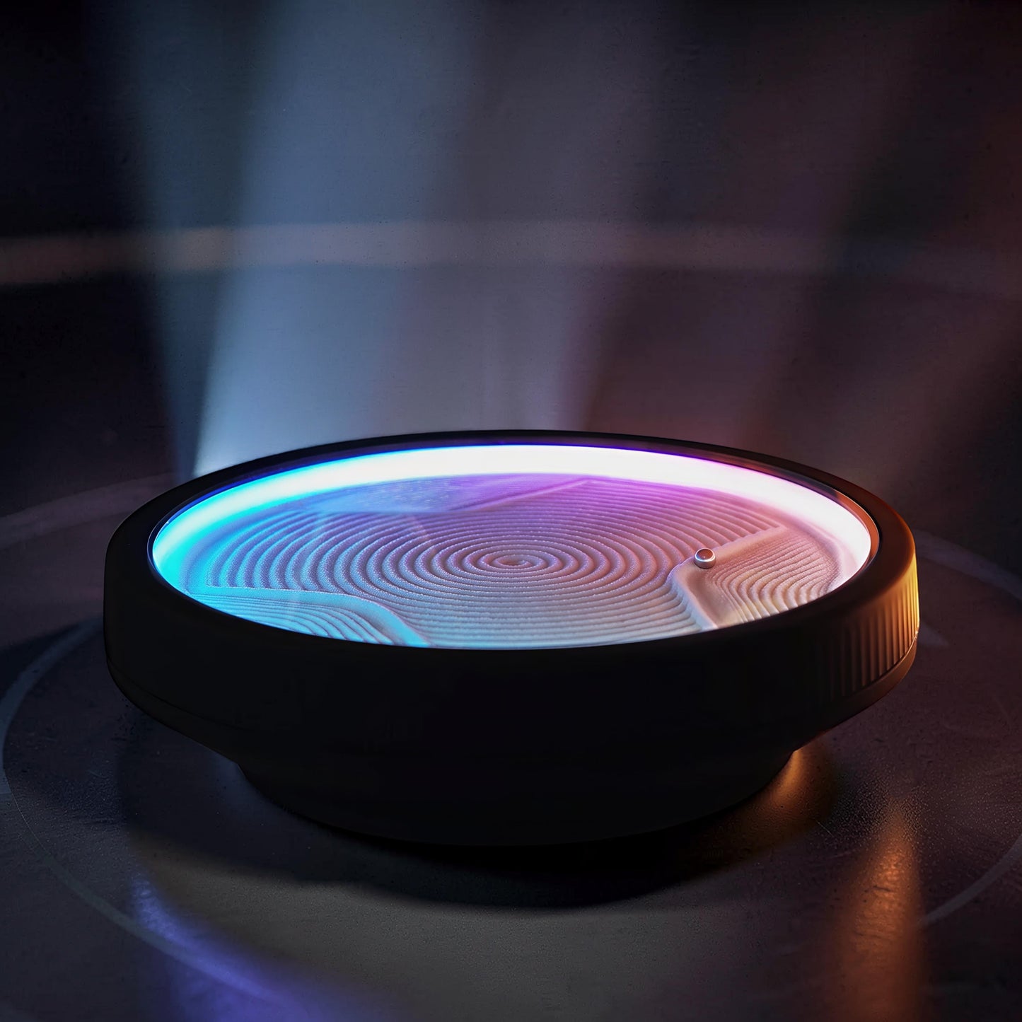 The Curious Mind SANDSARA Mini Sand Painting Machine, 20cm, with intricate sand patterns and colorful LED lighting.