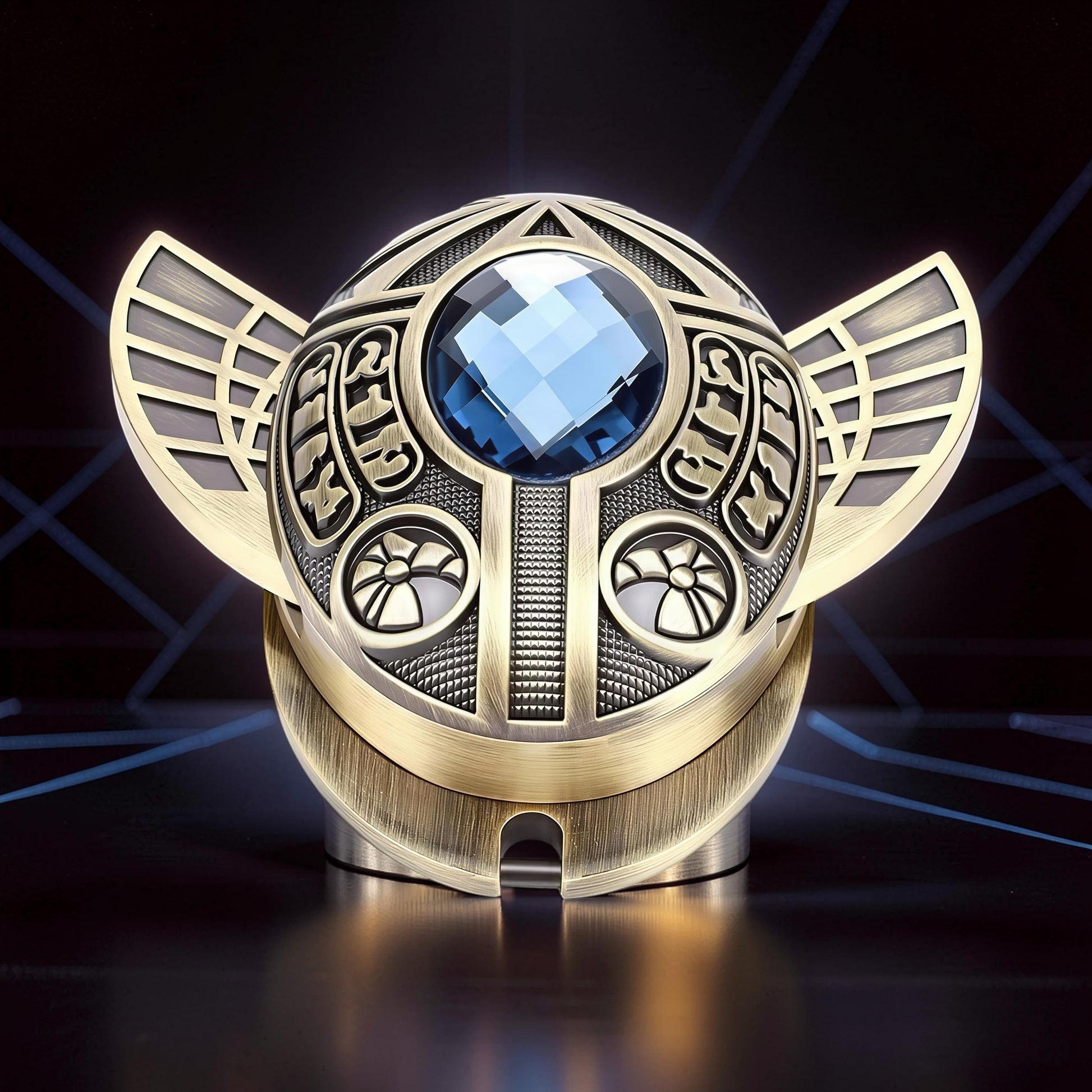 The Curious Mind Scarab Metal EDC Fidget Spinner with blue gem and intricate gold-tone detailing.