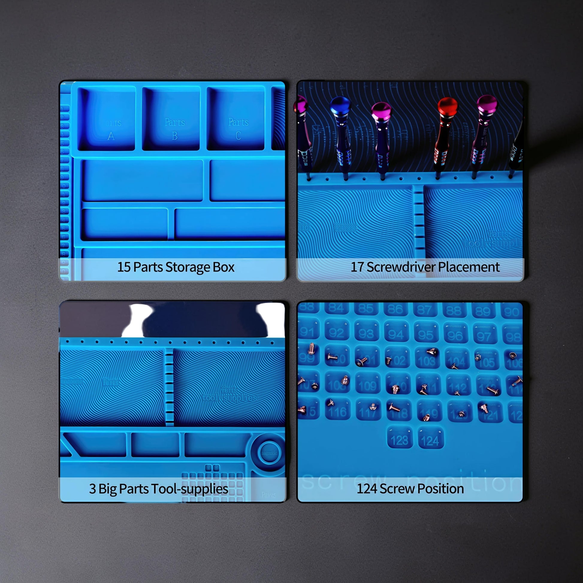 The Curious Mind blue silicone repair mat with compartments for parts, screwdrivers, and screws, ideal for electronics workstations.