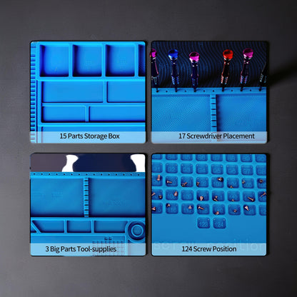 The Curious Mind blue silicone repair mat with compartments for parts, screwdrivers, and screws, ideal for electronics workstations.