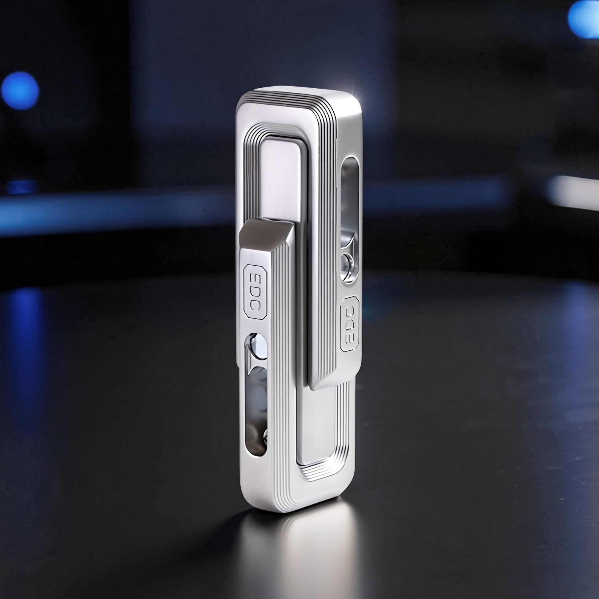 The Curious Mind premium silver metal double push slider fidget toy with EDC engraving.