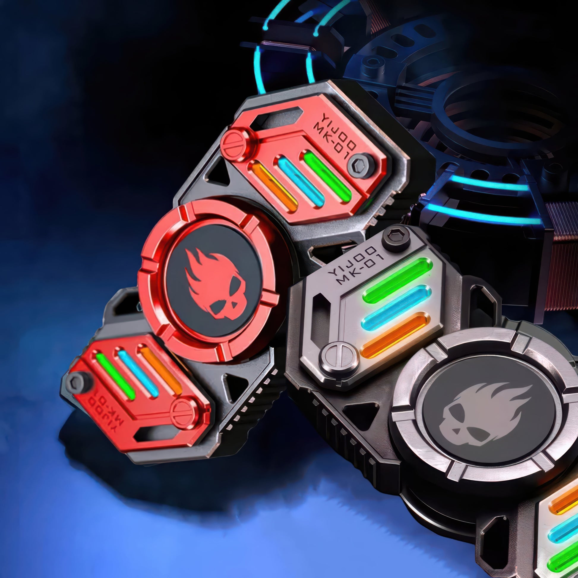 The Curious Mind Skull Wheel 2-Blade Spinner Gift Set with red and silver metal casing and glow accents.