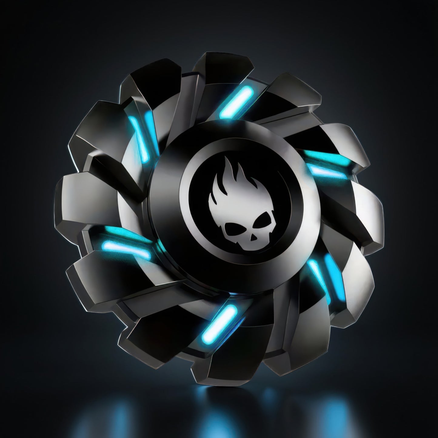 The Curious Mind Skull Wheel Glow Spinner, a metal fidget spinner with turbine-style design, skull logo, and blue glowing accents.