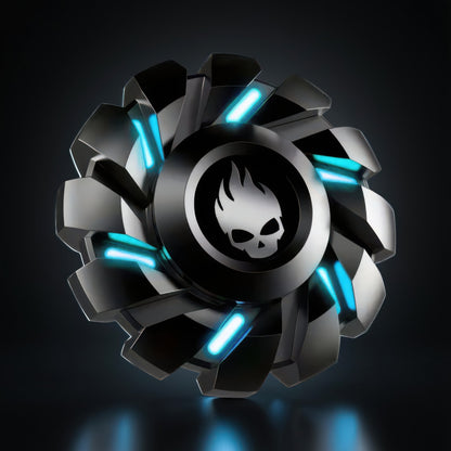 The Curious Mind Skull Wheel Glow Spinner, a metal fidget spinner with turbine-style design, skull logo, and blue glowing accents.