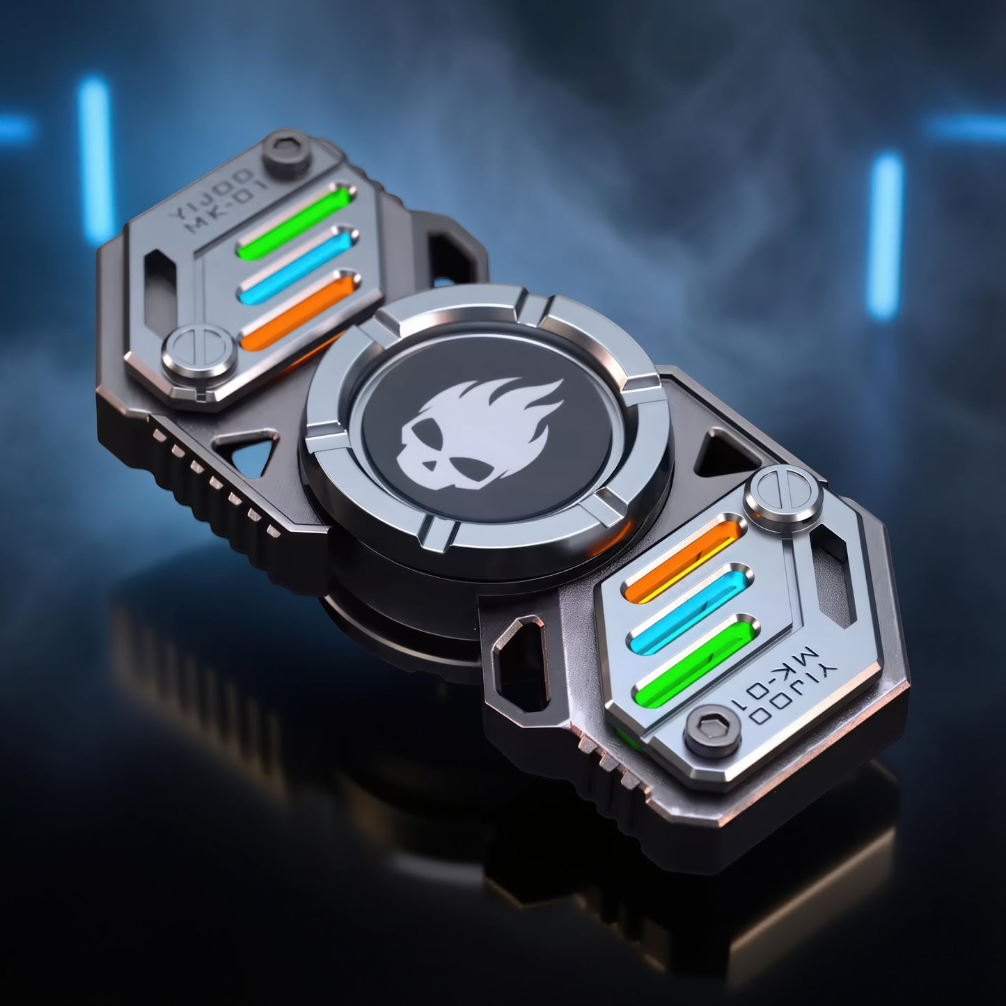 The Curious Mind Skull Wheel 2-Blade Spinner Gift Set features a metal spinner with a skull emblem and glow accents in green, blue, and orange.