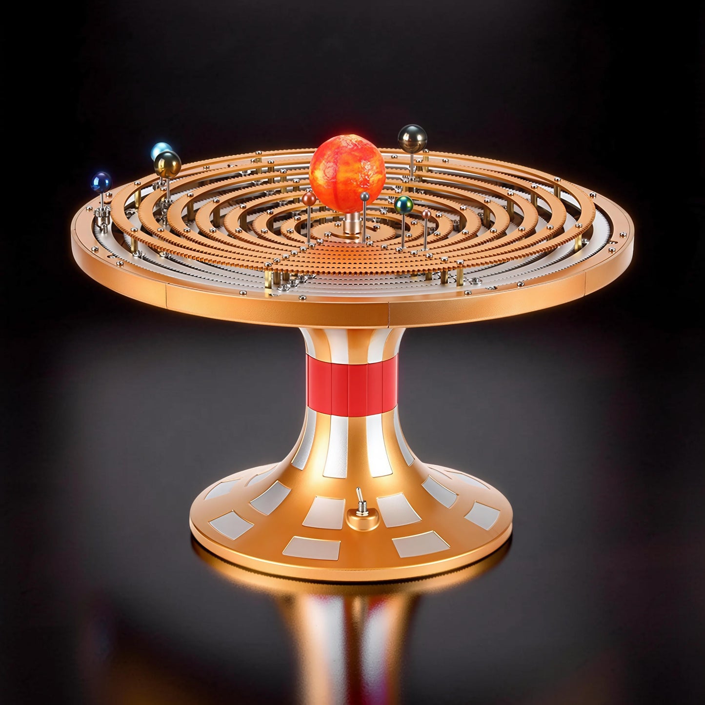 The Curious Mind Solar System DIY Kit features a metal mechanical model with a glowing sun and orbiting planets on a gold and red stand.
