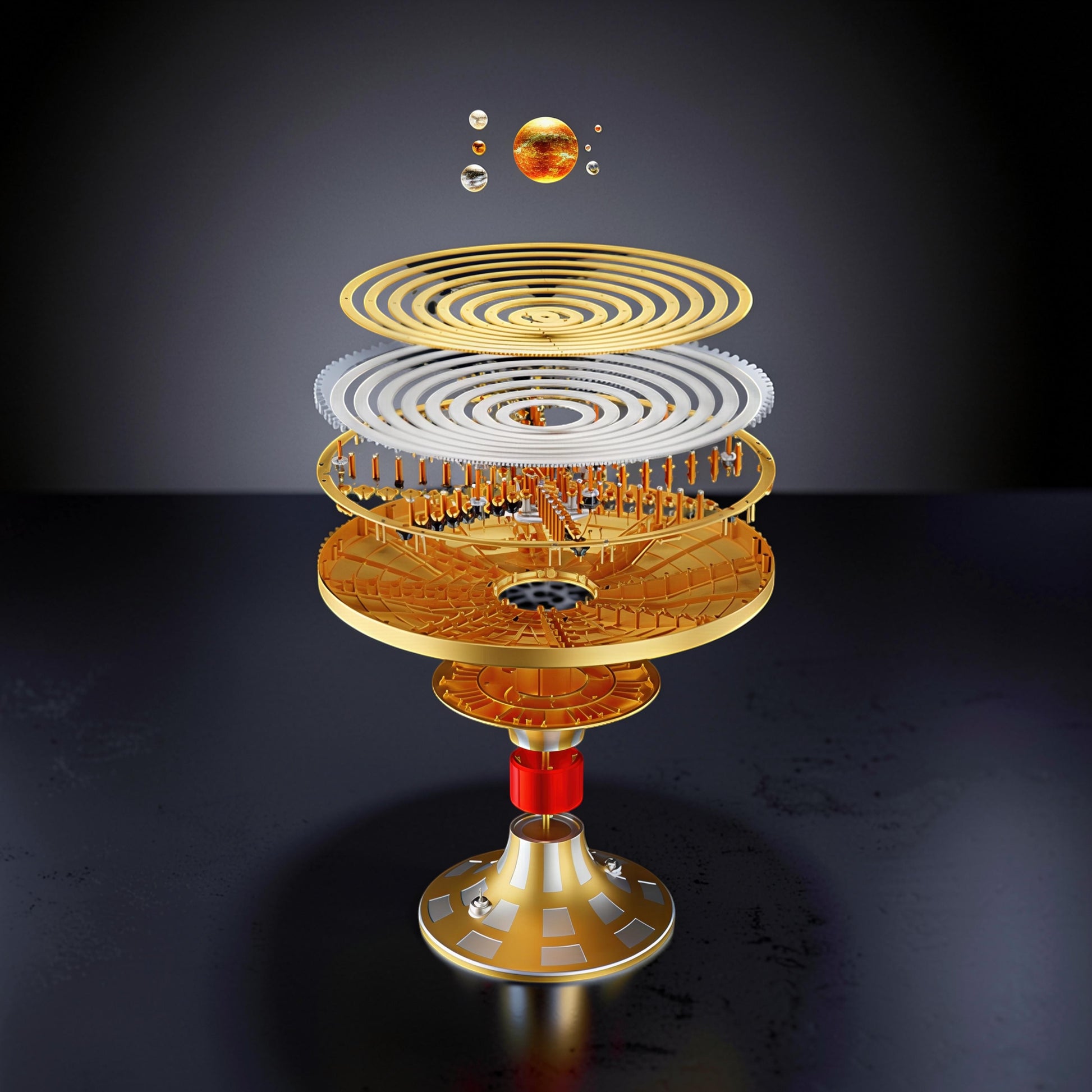 The Curious Mind Solar System DIY Kit, a metal STEM display model with intricate gears and planets, designed for educational and decorative purposes.