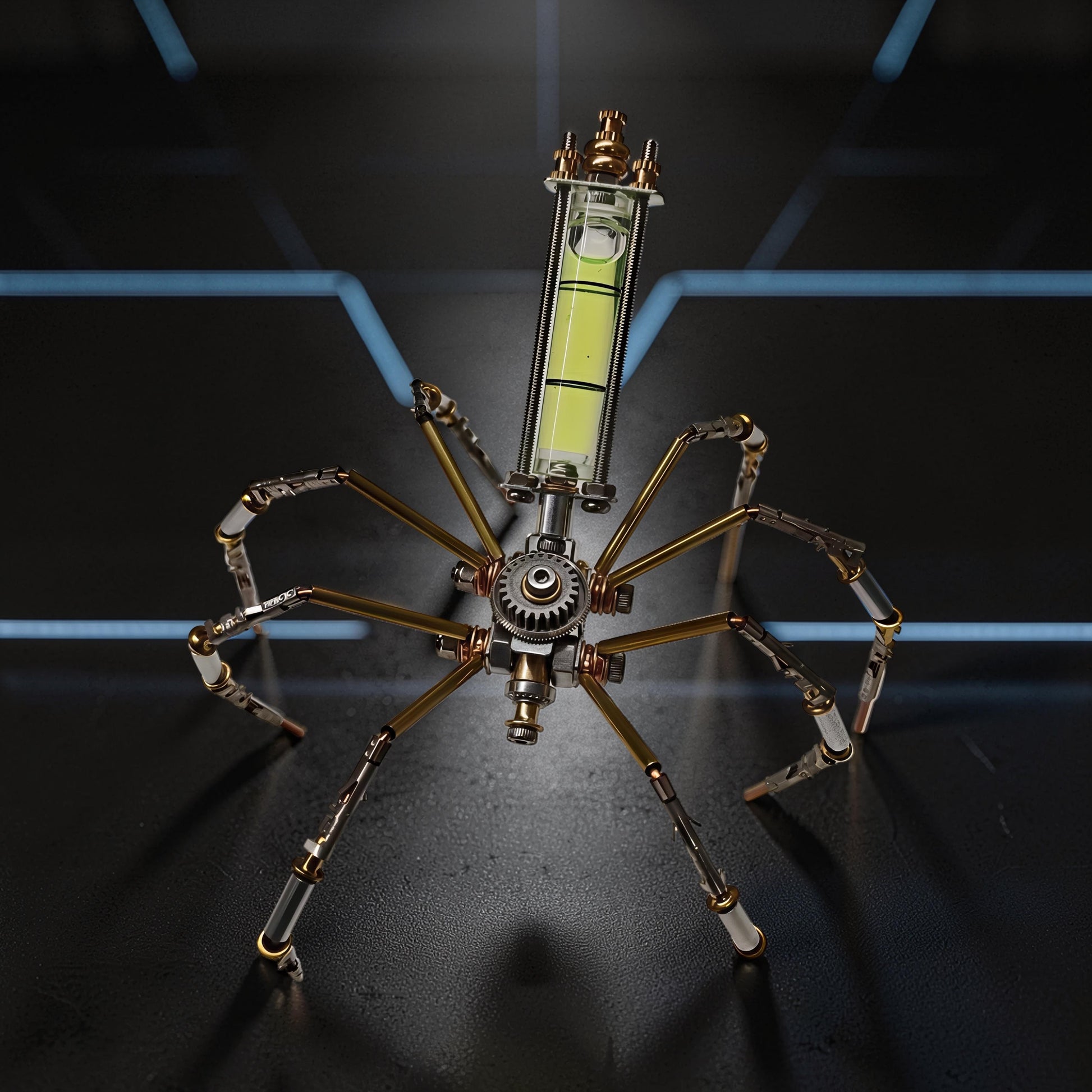 The Curious Mind Spider DIY Kit - Style F mechanical creature model with metal parts and a level.