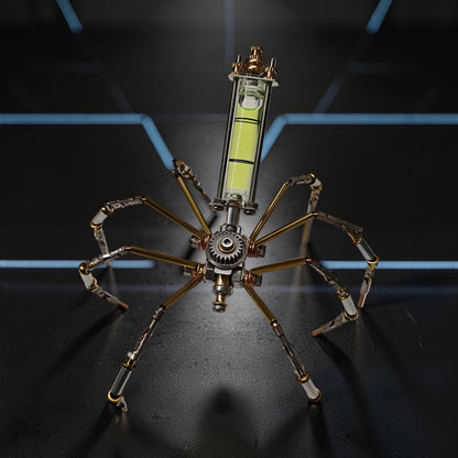 The Curious Mind Spider DIY Kit - Style F mechanical creature model with metal parts and a level.