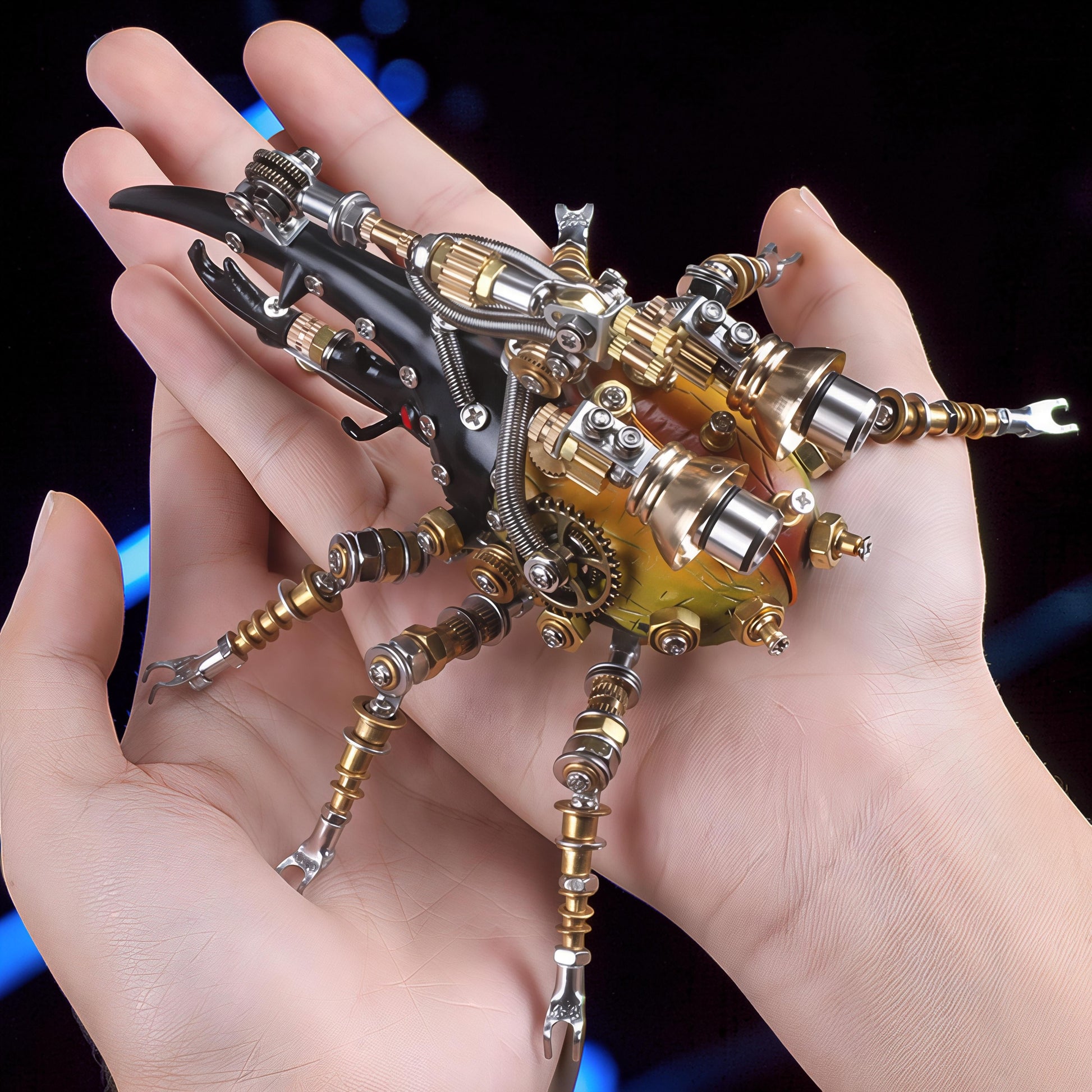 The Curious Mind Stag Beetle with Lights metal model kit, a steampunk-inspired mechanical creature with intricate gears and metallic finishes.