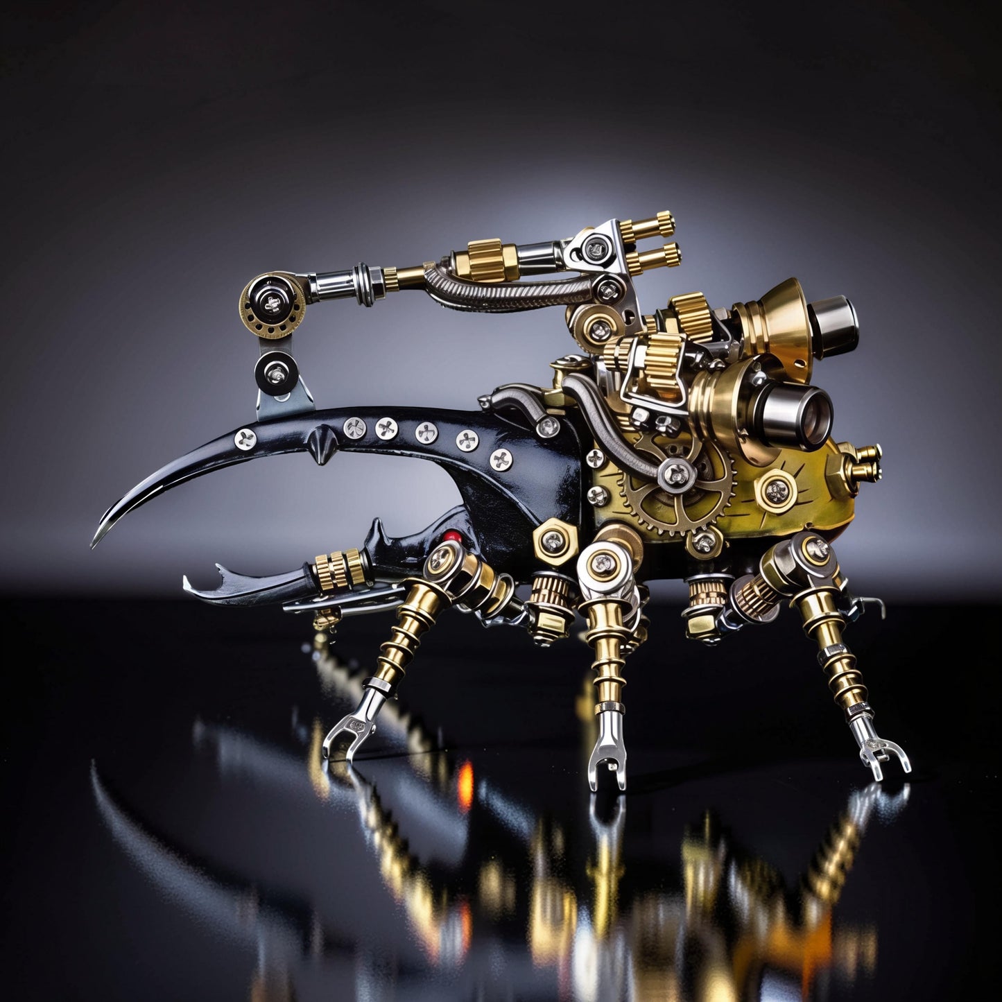 The Curious Mind Stag Beetle with Lights, a steampunk-inspired metal model kit with intricate gears, brass and silver accents, and a black body.