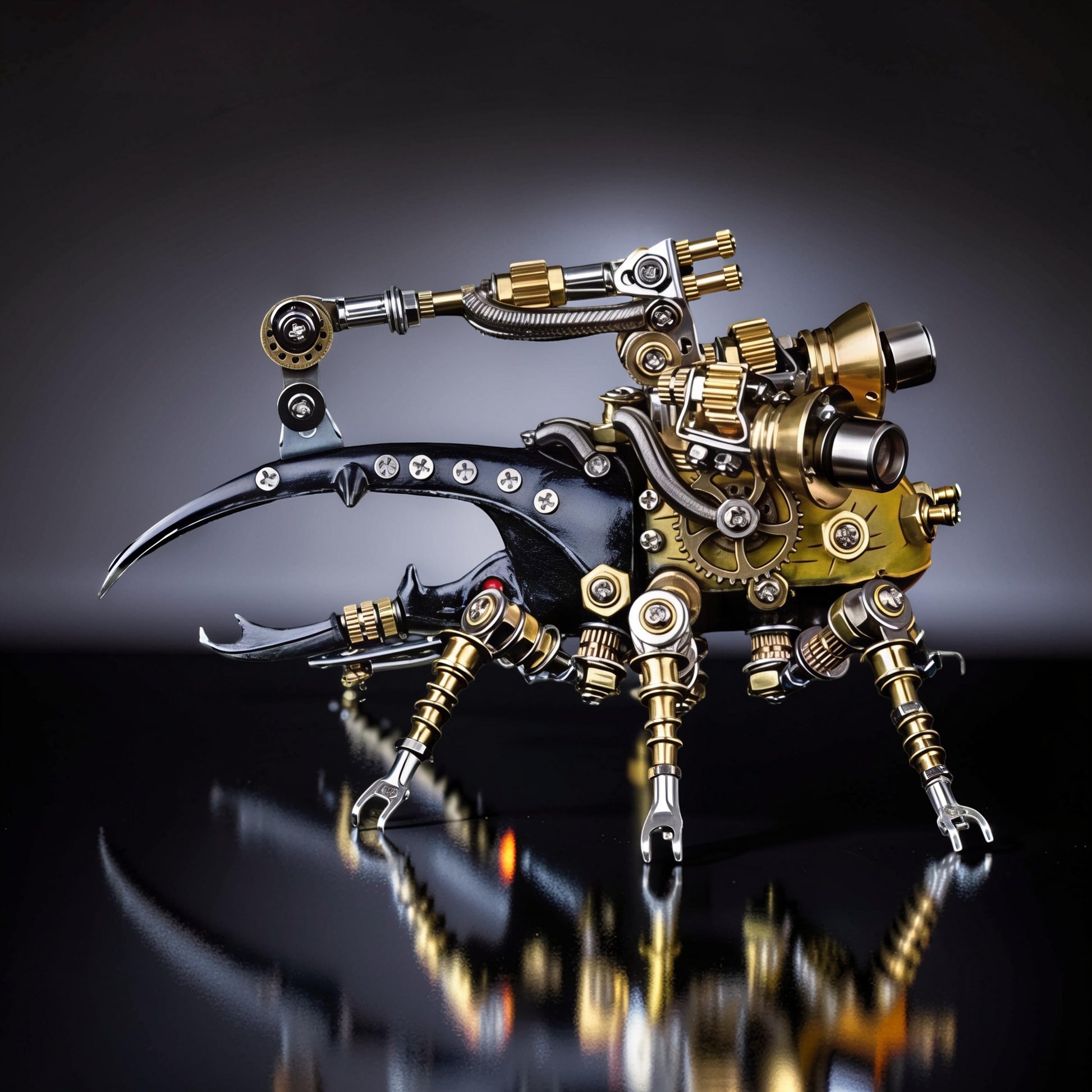 The Curious Mind Stag Beetle with Lights, a steampunk-inspired metal model kit with intricate gears, brass and silver accents, and a black body.