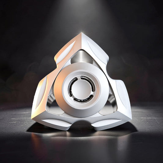 The Curious Mind stainless steel tri-blade spinner with a futuristic design and smooth, satisfying rotation.