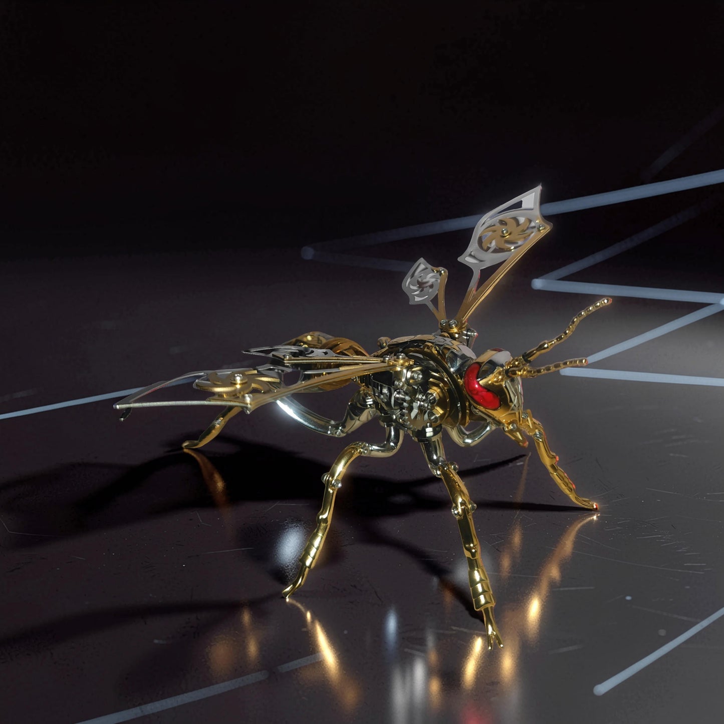 The Curious Mind Stainless Wasp 3D metal model kit with intricate gold and silver mechanical details, red eyes, and delicate wings.