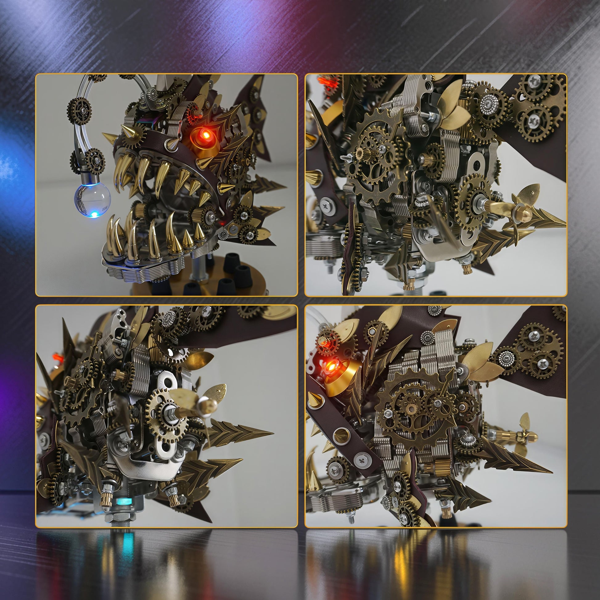 The Curious Mind Steampunk Anglerfish 3D metal model kit with display base, featuring intricate gears, leather accents, and glowing red eyes.