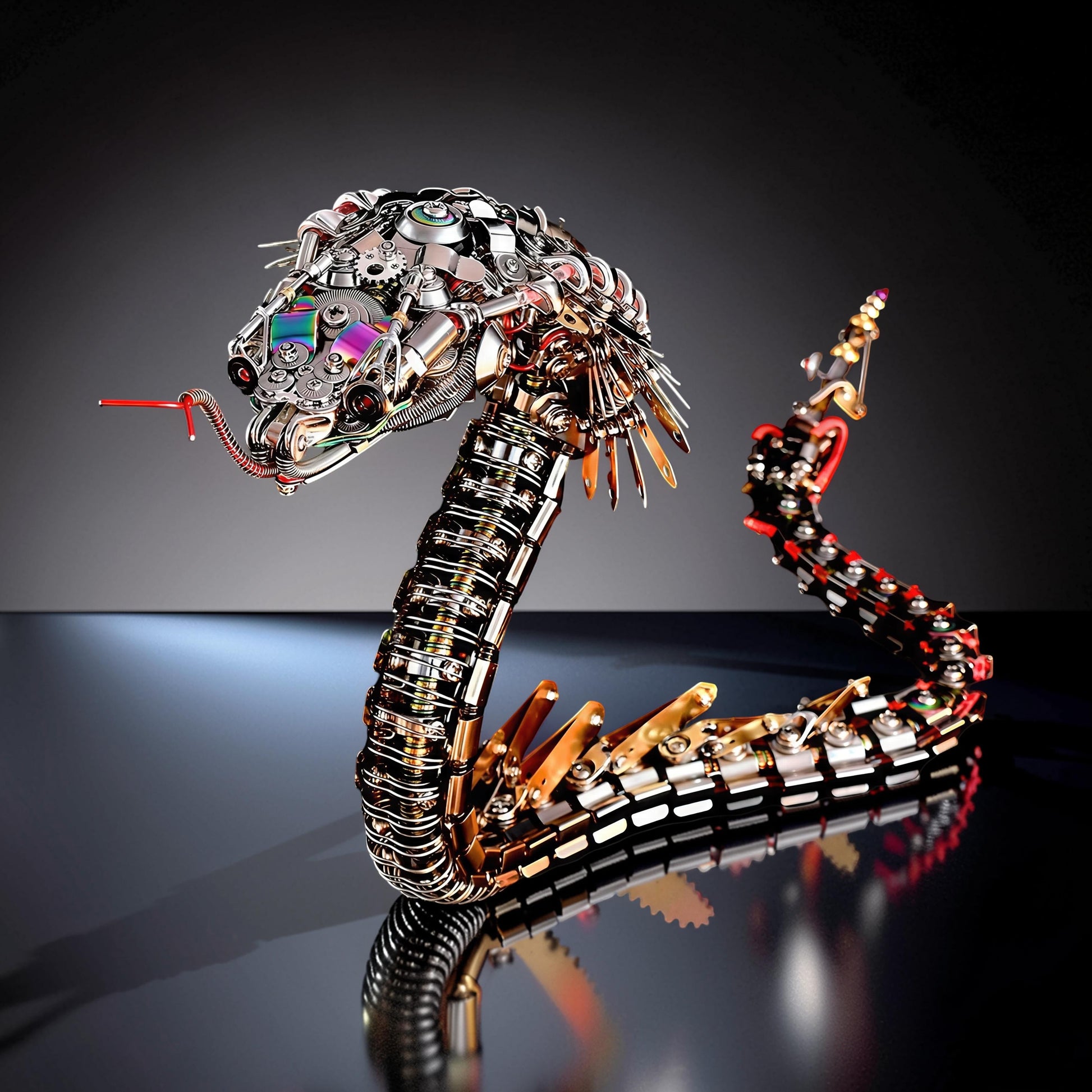 The Curious Mind Steampunk Cobra 3D metal model kit, intricate mechanical snake with gears, screws, and metallic finishes.