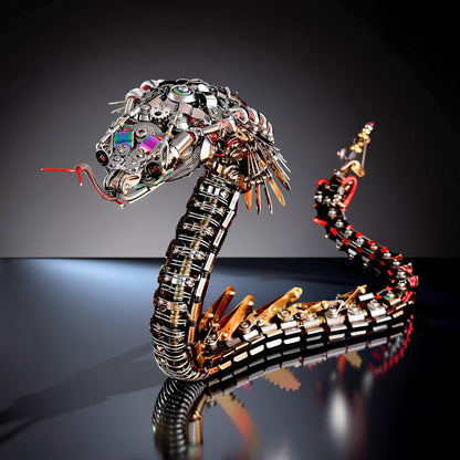 The Curious Mind Steampunk Cobra 3D metal model kit, intricate mechanical snake with gears, screws, and metallic finishes.