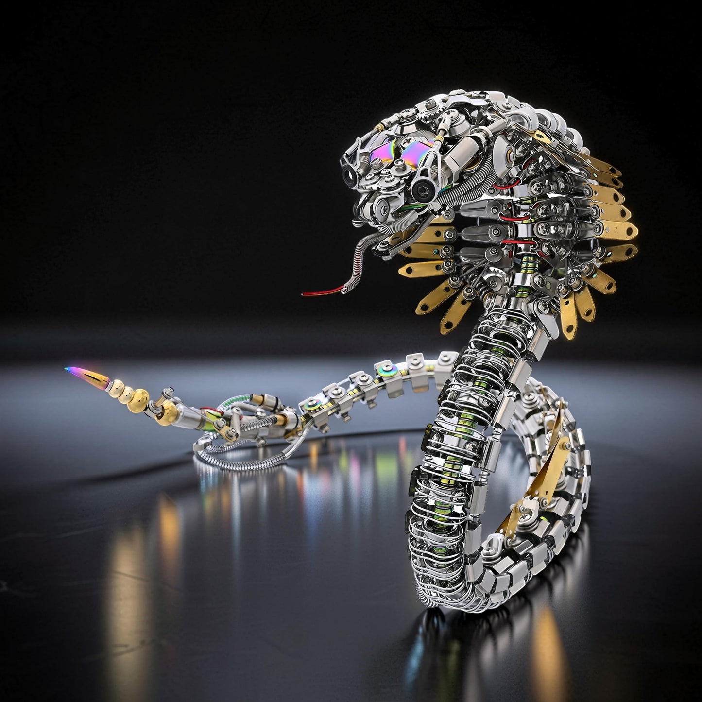 The Curious Mind Steampunk Cobra 3D metal model kit, intricate mechanical snake with metallic silver and gold details, red tongue, and rainbow iridescent eyes.
